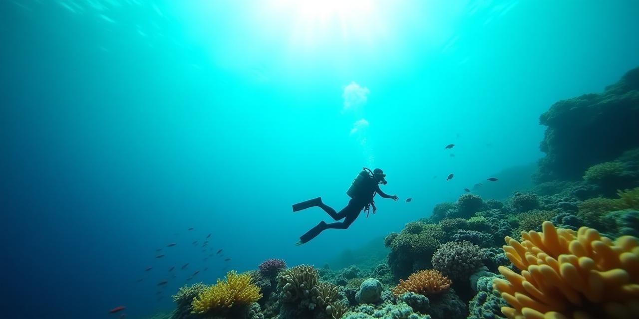 Buceador explorando un arrecife de coral vibrante, con rayos de sol penetrando el agua.