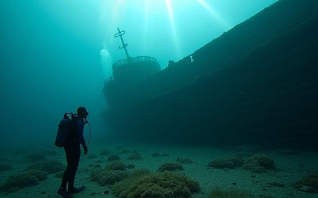 Buzo explorando un viejo naufragio iluminado por los rayos del sol, resaltando detalles históricos