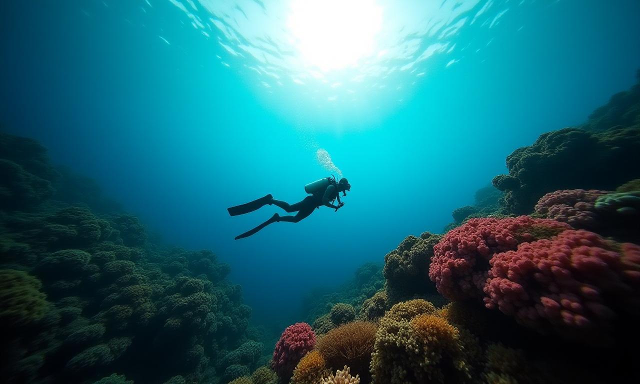 Buzo explorando un vibrante arrecife de coral, simbolizando los servicios de Atlantea Visuals