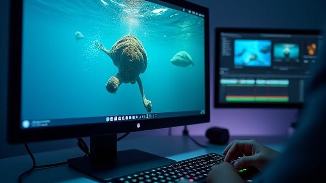 Monitor de ordenador mostrando software de edición de video con metraje submarino abierto, con herramientas de color grading