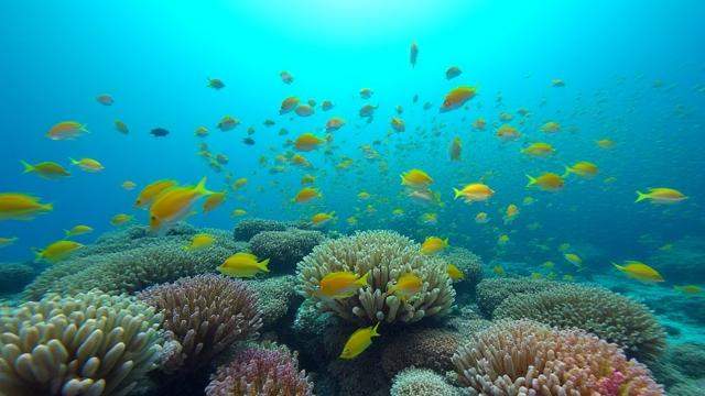 Cardumen de peces tropicales nadando sobre un arrecife de coral sano, capturado en video submarino